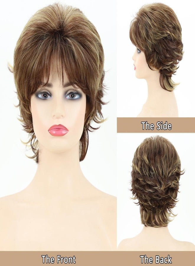 TISHINING Brown Highlight Short Hair Wigs for White Women Shag Layered Brown Mix Blonde Pixie Cut Wig with Bangs Synthetic Natural Looking Daily Party Wig - Image 2